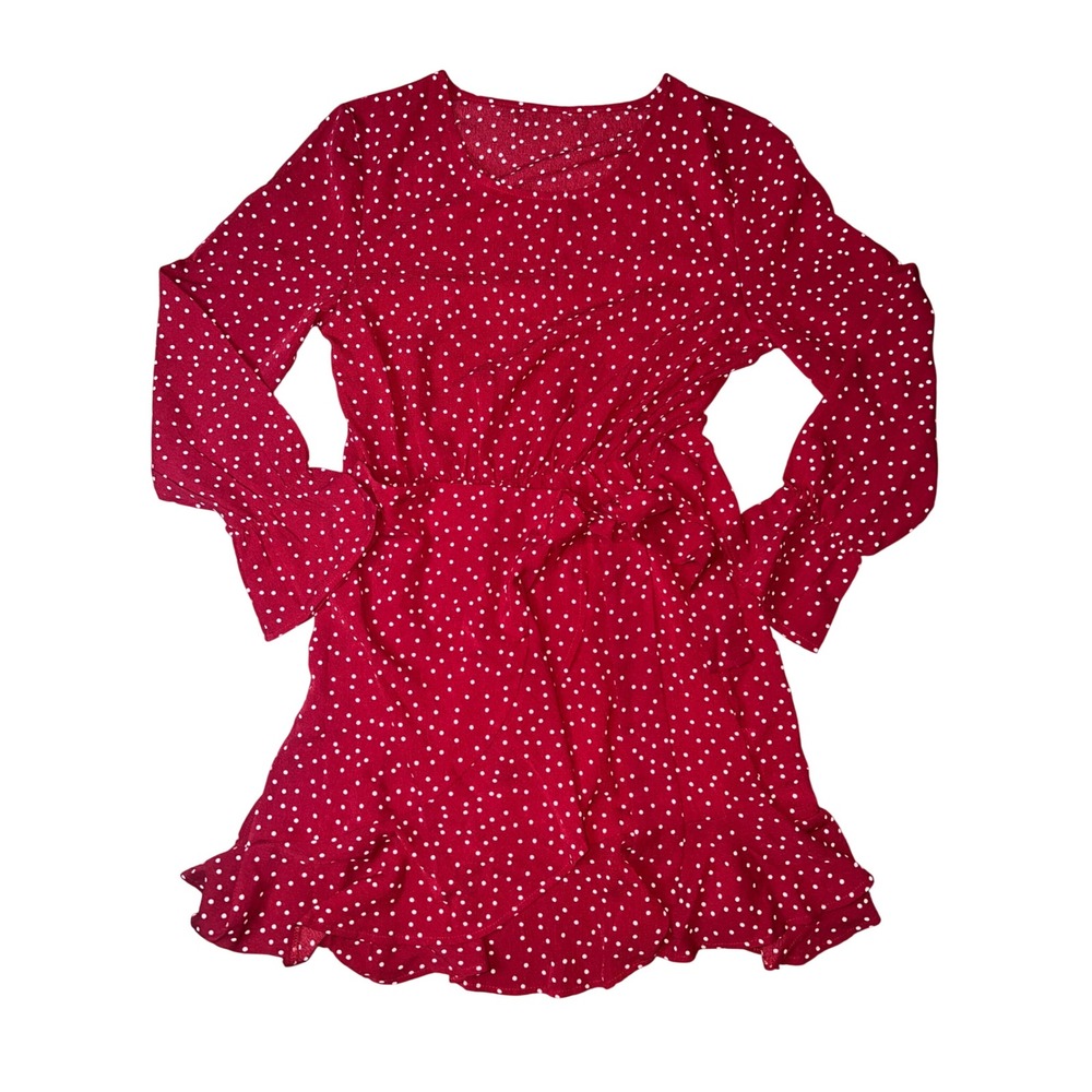 W Red White Polka Dot Long Sleeve Ruffle Mini Dress Medium